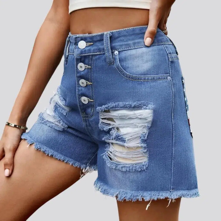 Patched high-waist jean shorts for women