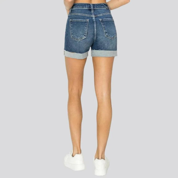 Whiskered medium-wash denim shorts